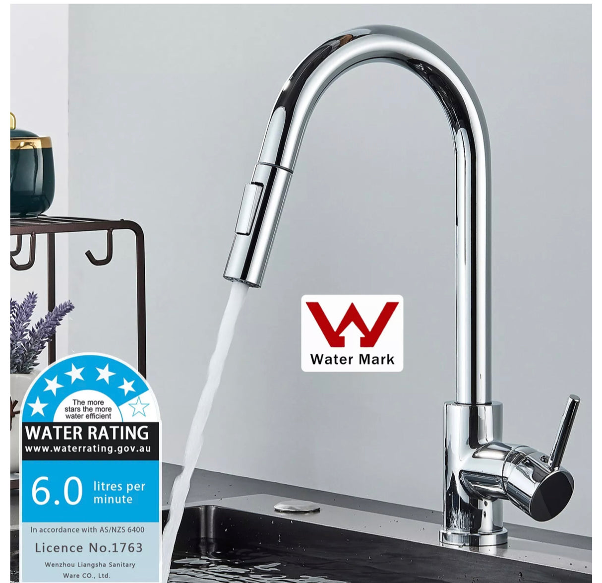 Chrome WELS Kitchen Mixer Tap 360° Pull Out 2-Mode Spray Laundry Sink Faucet