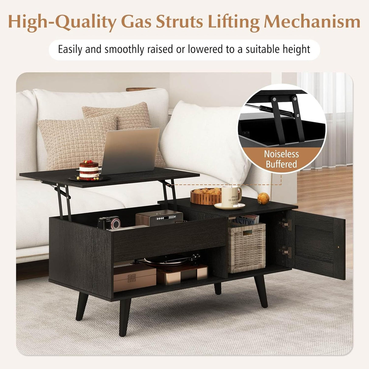 Lift Top Coffee Table with Storage, Living Room Table with Hidden Compartment, Cabinet & Open Shelf, Flip Top Center Table, Pull up Coffee Table for Home, Office