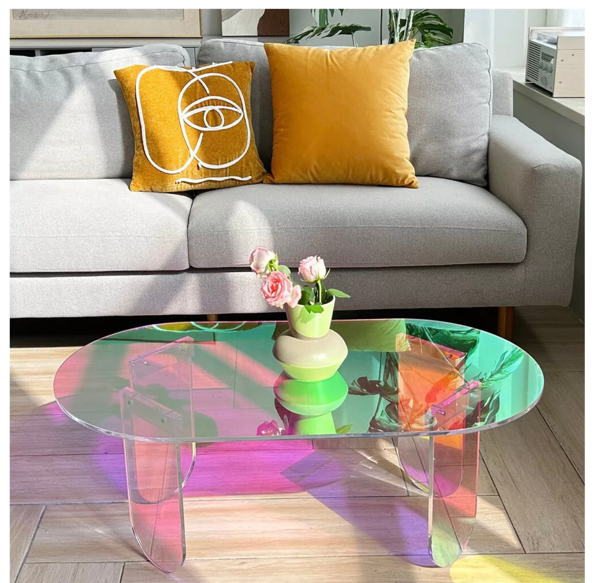 Acrylic Coffee Table Iridescent Oval Side End Table Living Room Office Reception