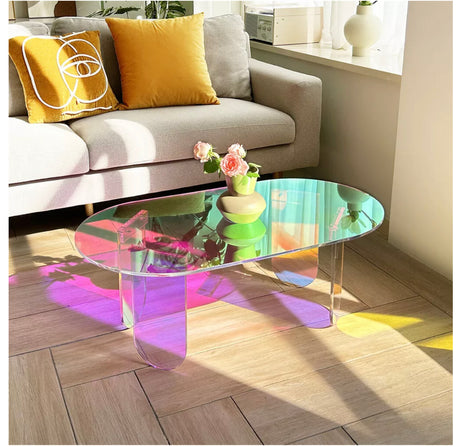 Acrylic Coffee Table Iridescent Oval Side End Table Living Room Office Reception