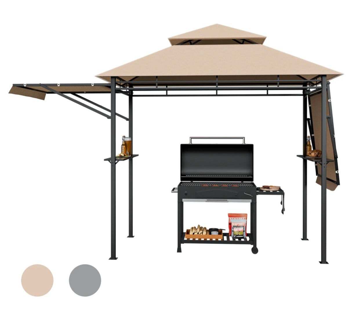 Patio BBQ Grill Gazebo Side Awnings Shelves 2-Tier Canopy Outdoor 413 x 122cm