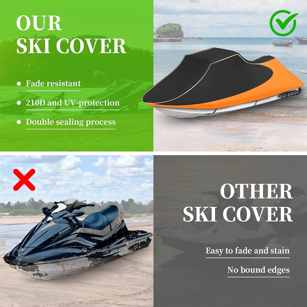 Jet Ski Cover, Heavy Duty Waterproof 210D PWC Cover with Air Vents and Reflective Strips, Fits Seadoo Yamaha GTX Kawasaki Honda Polaris 2 Seater Lengths (Black&Gray)