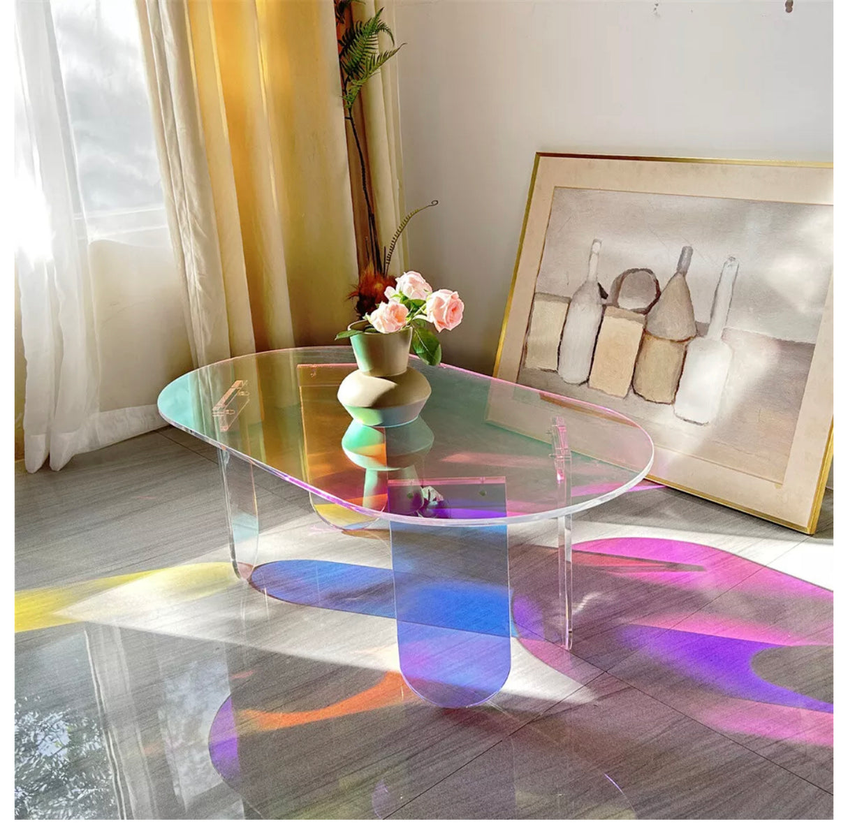 Acrylic Coffee Table Iridescent Oval Side End Table Living Room Office Reception