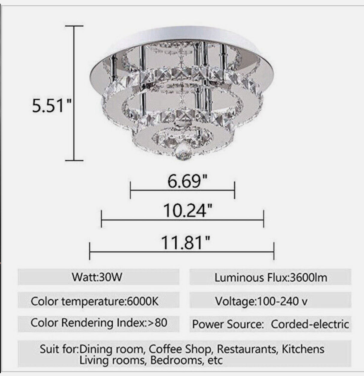 Luxury Crystal 36W Ceiling Light Flush Mount Chandelier Bedroom light Remote