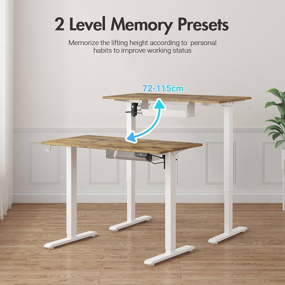 Electric Standing Desk, Height Adjustable Ergonomic Sit Stand Desks with Hanging Hooks and Cable Management, 100 x 55 cm Whole Piece Desktop, for Small Space, Black Frame