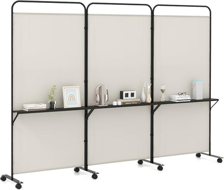 3-Panel Folding Room Divider, 188cm Rolling Privacy Screen w/ 3 Metal Shelves, Lockable Wheels, Portable Wall Divider Separator, Freestanding Privacy Protection for Living Room