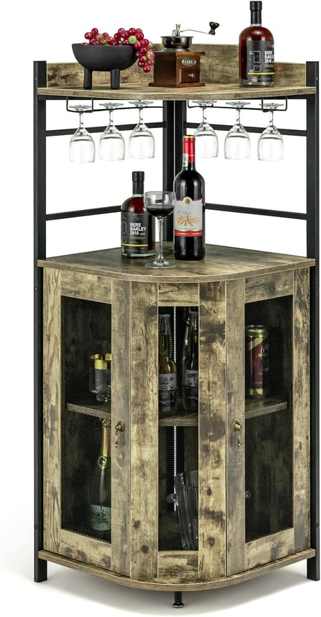 Corner Bar Cabinet with Glass Holder, Industrial Wine Cabinet with Metal Mesh Doors & Adjustable Shelf, Buffet Cabinet with Anti-tip Kit for Home Kitchen Dining Room Bistro