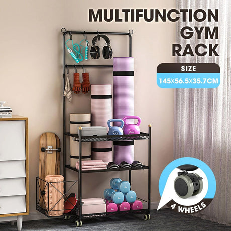 Yoga Mat Storage Rack Weight Dumbbell Kettlebell Shelves Shelf Garage Racking Holder Steel Stand Gym Organizer with Hooks Wheels