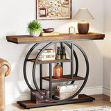 41.3" Console Table, Industrial 4-Tier Sofa Table Entryway Table with Circle Base, Narrow Wood Accent Tables with Storage Shelves for Living Room, Hallway, Foyer, Rustic Brown