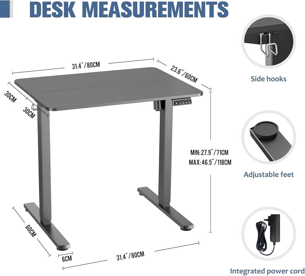 Electric Height Adjustable Standing Desk 80x60cm (31"x23.6"), Sit Stand Desk with Splicing Top for Home Office