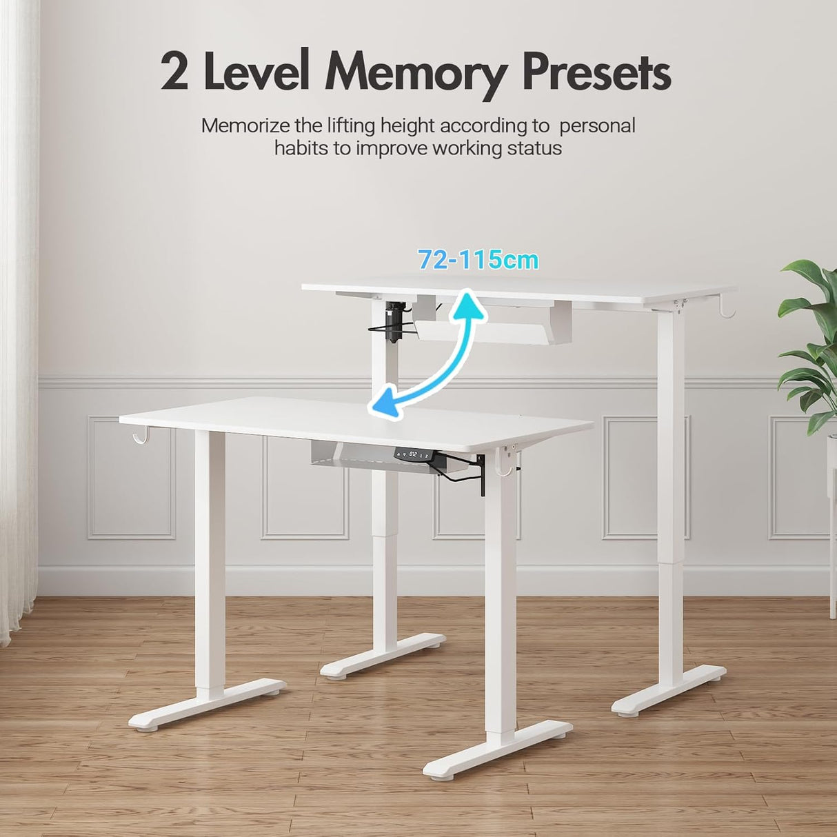 Electric Standing Desk, Height Adjustable Ergonomic Sit Stand Desks with Hanging Hooks and Cable Management, 100 x 55 cm Whole Piece Desktop, for Small Space, White Frame + White Desktop