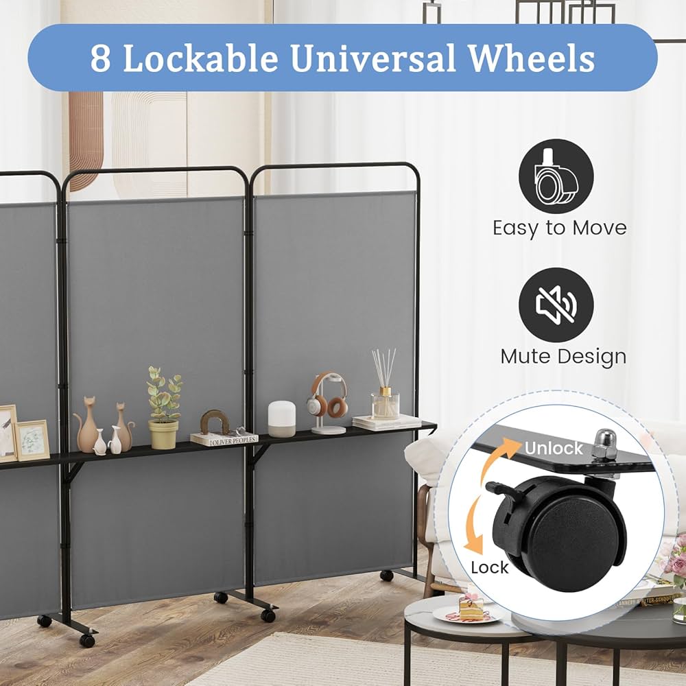 3-Panel Folding Room Divider, 188cm Rolling Privacy Screen w/ 3 Metal Shelves, Lockable Wheels, Portable Wall Divider Separator, Freestanding Privacy Protection for Living Room