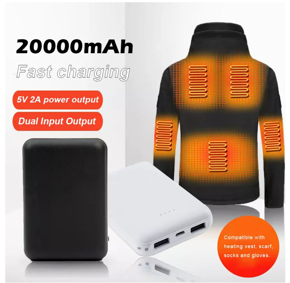 20000mAh Power Bank Battery Backup for Heated Vest Heat Jacket Gloves Chargeing