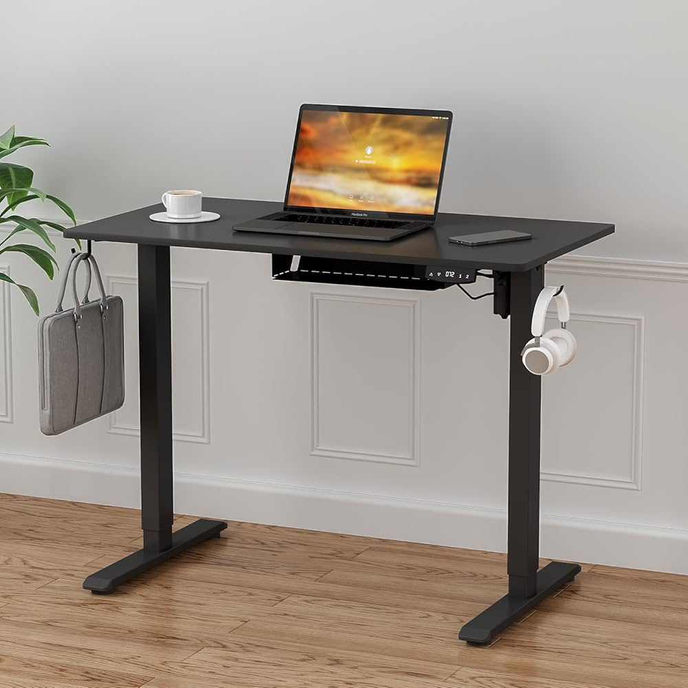 Electric Standing Desk, Height Adjustable Ergonomic Sit Stand Desks with Hanging Hooks and Cable Management, 100 x 55 cm Whole Piece Desktop, for Small Space, Black Frame