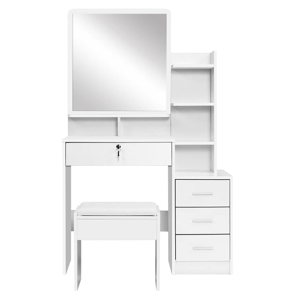 Dressing Table Mirror Makeup Space with Stool Wooden Vanity Desk Chair, Home Bedroom Furniture White Girls Kids Women Organisers, Drawers Wide Tabletop Legs Floor Standing