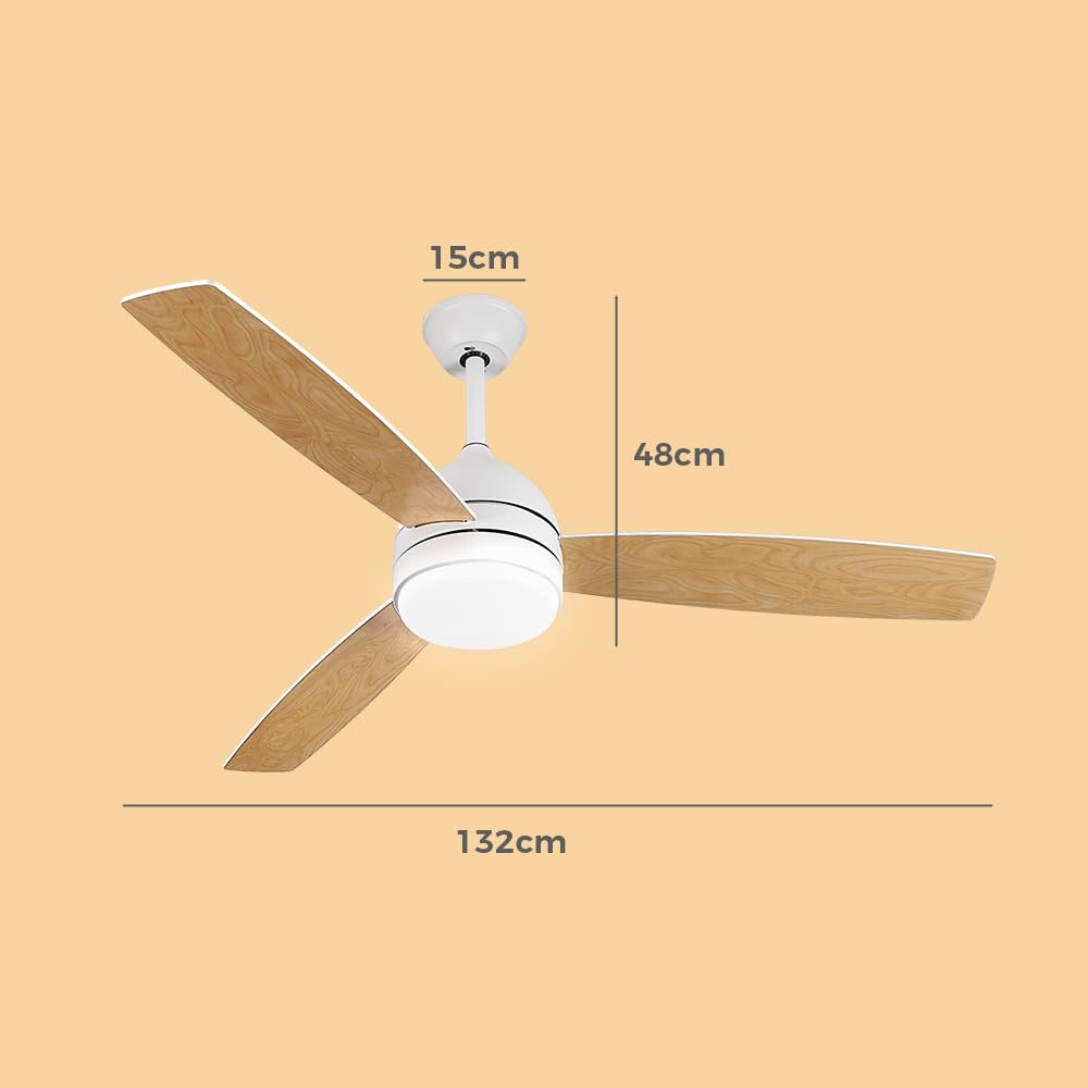 52 Inch Ceiling Fan with Lights Remote Control, Noiseless, Dimmable, 6-Speed Outdoor Ceiling Fan with Light, 3 Blade Wood Ceiling Fan with Timer, Reversible DC Motor for Patio Bedroom, White