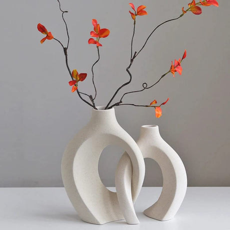 Ceramic Vase Set - 2 Flower Donut Modern Vases for Home Décor, Creative White Vases Minimalism Style Decor Vase Table Vase for Living Room Entryway Bookshelf Mantel Centerpieces Shelf