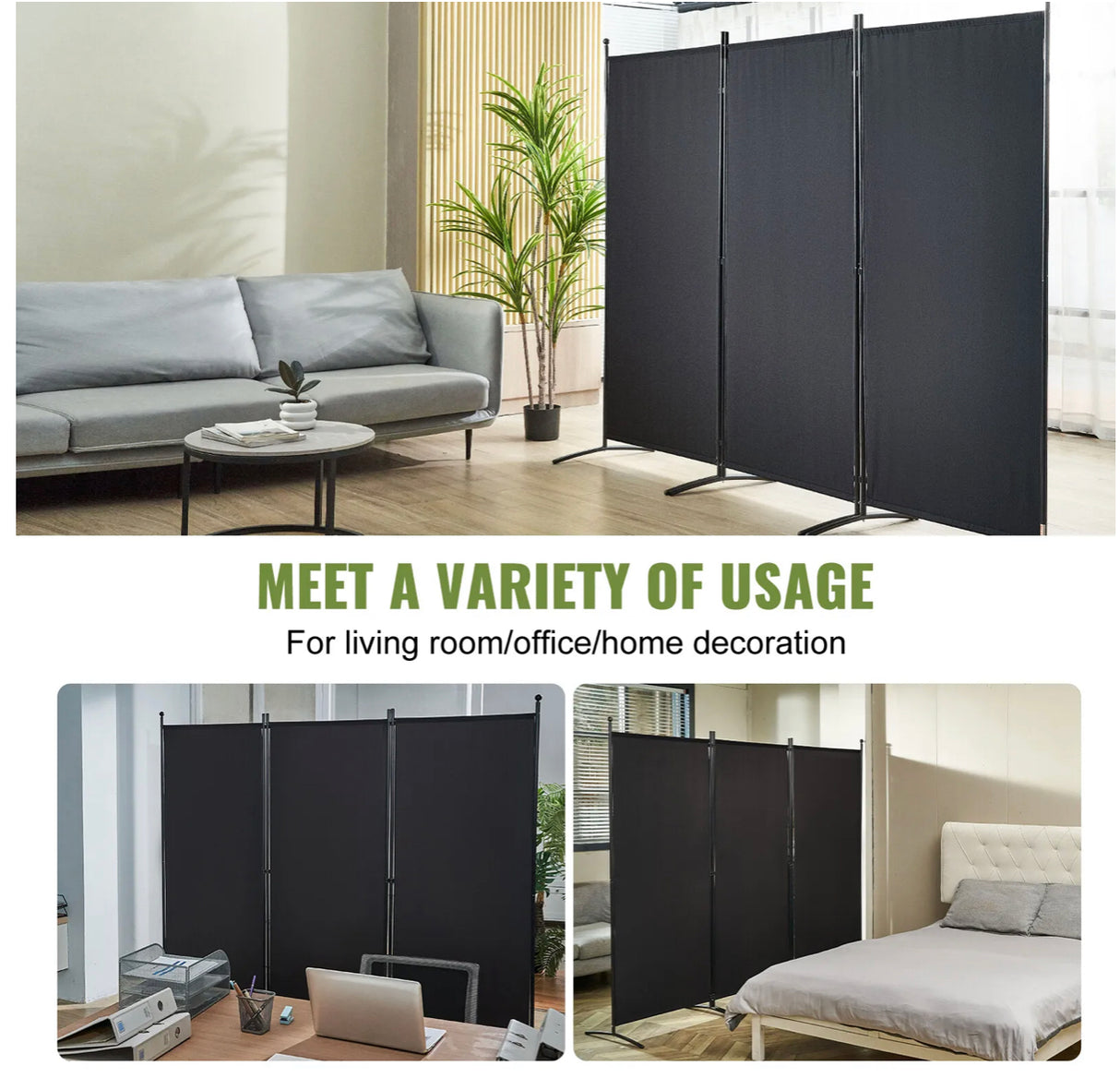 3 Panel Room Divider Stand Folding Privacy Screen 226 x 185cm Dark Black