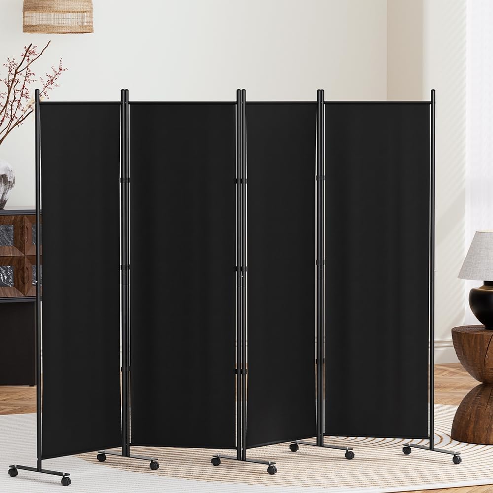 Room Divider Screen 6 Panel Partition Privacy Fold Fabric Wheels Black