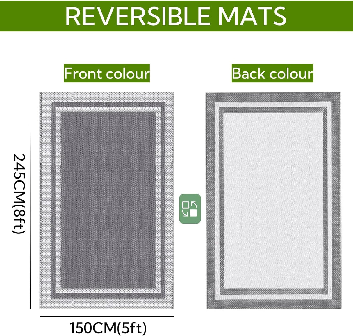 Outdoor Rug Reversible Portable Plastic Straw Camping Rugs for Outside RV, Patio,Picnic,Camper,Balcony,Porch (Grey and White B, 152 x 244 CM (5 * 8FT))