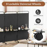 3-Panel Folding Room Divider, 188cm Rolling Privacy Screen w/ 3 Metal Shelves, Lockable Wheels, Portable Wall Divider Separator, Freestanding Privacy Protection for Living Room