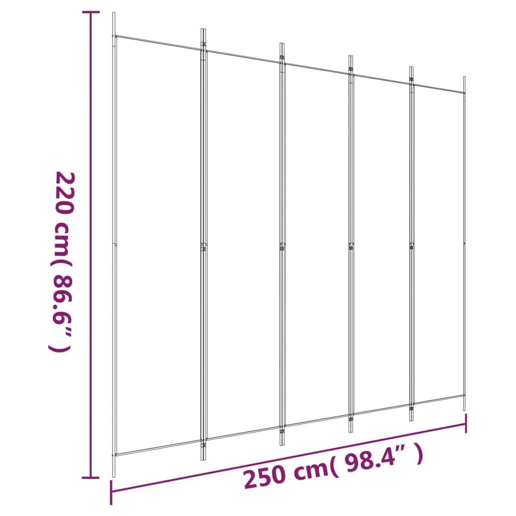 Modern Room Divider - Foldable, 5-Panel Design, Anthracite Fabric, 250 x 220 cm, Ideal for Privacy and Sun Blocking