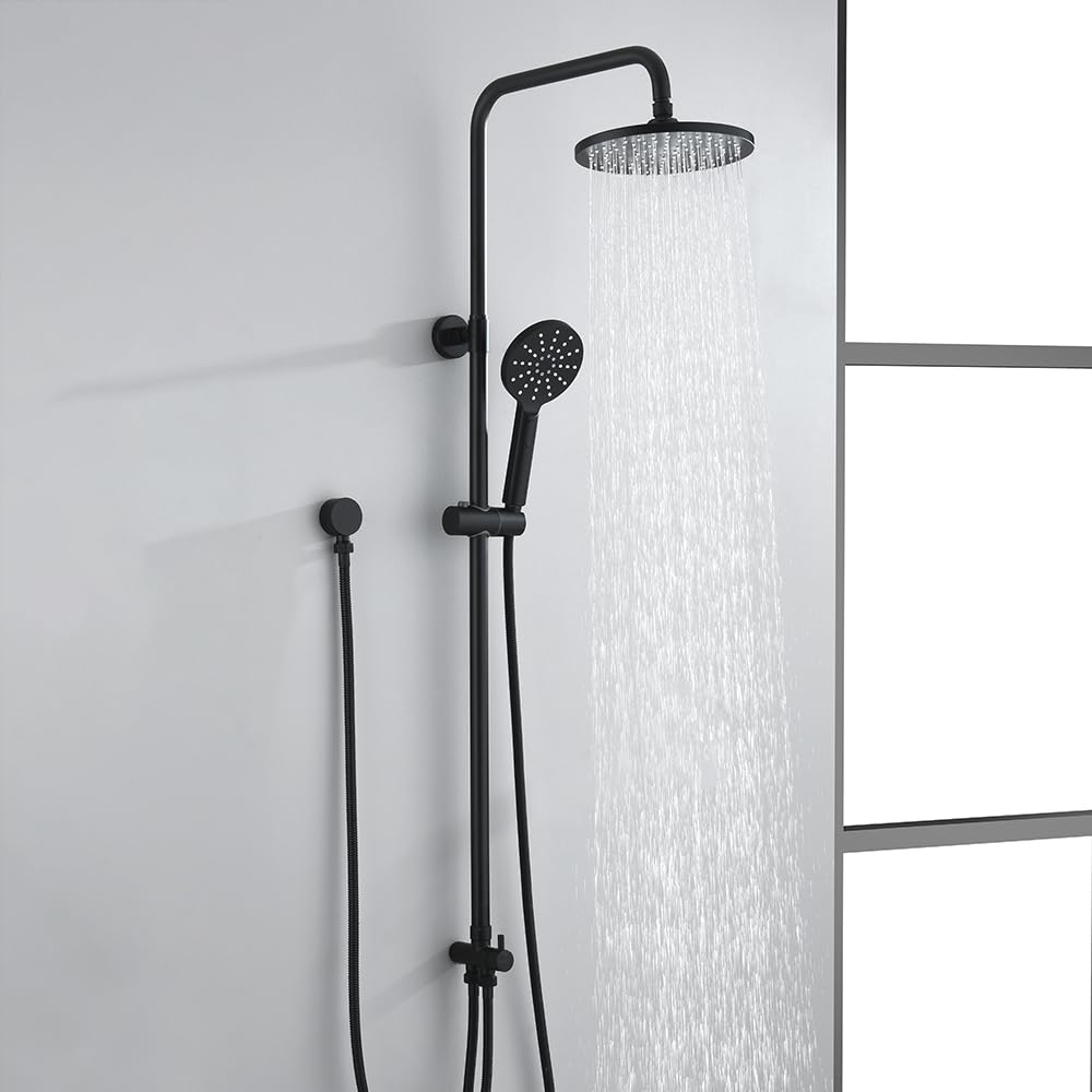 WELS Twin Hose Shower System 9" Rain Shower Head Set Sliding Rail 3-Mode Handheld Shower Head 2 in 1 Set (Round Head Black)