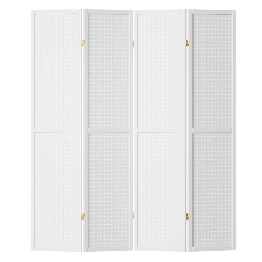 Artiss Room Divider, 4 Panels Folding Privacy Portable Screen Shelf Dividers Partition Wall Screens Home Pet Child Indoor Bedroom Furniture, Separator Water-Resistant Pegboard Stand Hollow White