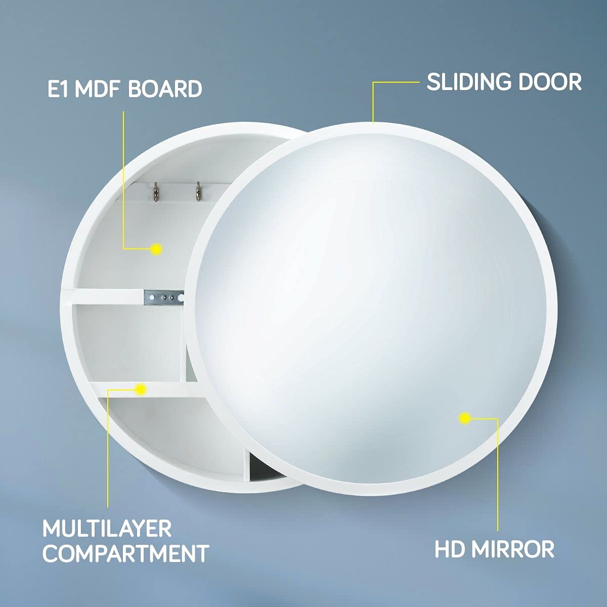 Round Mirror Cabinet Bathroom Medicine Vanity Wall Mirrored Cupboard with Storage Sliding Door White 60cm Diameter