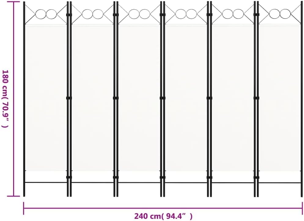 6-Panel Room Divider - Cream White - Iron Frame and Polyester Fabric Screens - Freestanding Partition or Privacy Screen - Size 240x180 cm