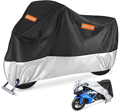 Motorcycle Cover, Waterproof Durable Tear Resistant Motorbike Scooter Mopeds Cover All Season Protection from Snow Dust UV with Large Locking Hole Storage Bag for Honda, Yamaha, Suzuki, Harley