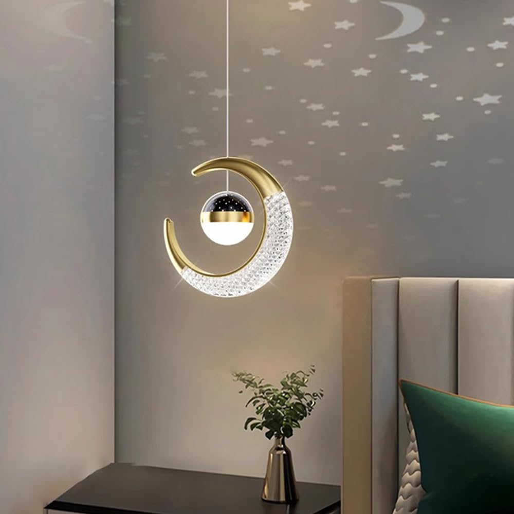 Moon Pendant Lamp, Ceiling Lamp, Creative Styling, for Bedroom Living Room Restaurant Bar Kitchen (Gold, Cool White)