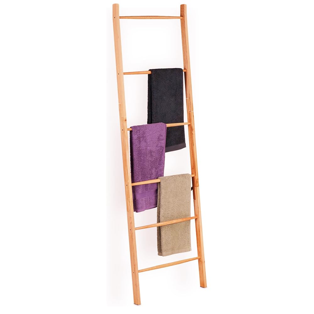 6-Tier Bamboo Freestanding Rack Towel Ladder Blanket Ladder, Farmhouse Blanket Holder,Wall Leaning Ladder Shelf, Decorative Quilt Stand for Living Room, Bathroom, Bedroom (6-Step Towel Rack)