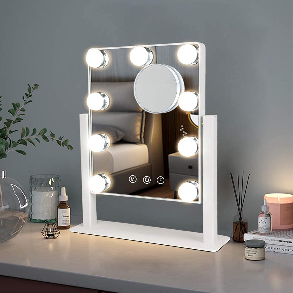 Makeup Mirror with Lights, Hollywood Light Mirror with 9 Dimmer Led Bulbs, Plug in Light-up Beauty Mirror, Touch Screen Lighted Table Set Mirror, 360°Rotation(White)