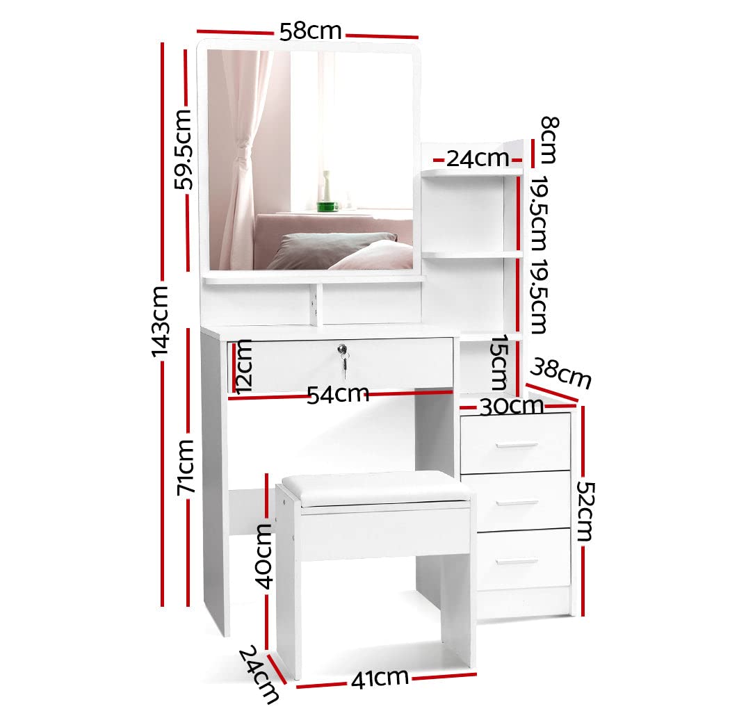 Dressing Table Mirror Makeup Space with Stool Wooden Vanity Desk Chair, Home Bedroom Furniture White Girls Kids Women Organisers, Drawers Wide Tabletop Legs Floor Standing