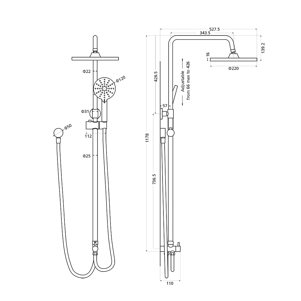 WELS Twin Hose Shower System 9" Rain Shower Head Set Sliding Rail 3-Mode Handheld Shower Head 2 in 1 Set (Round Head Black)