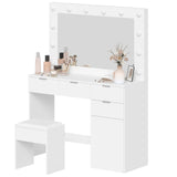 Dressing Table Stool Set with Large Make up Mirror 12 LED Bulbs Vanity Desk with 4 Storage Drawers and 1 Cabinet for Women Girls Kids Wooden Home Bedroom Furniture White