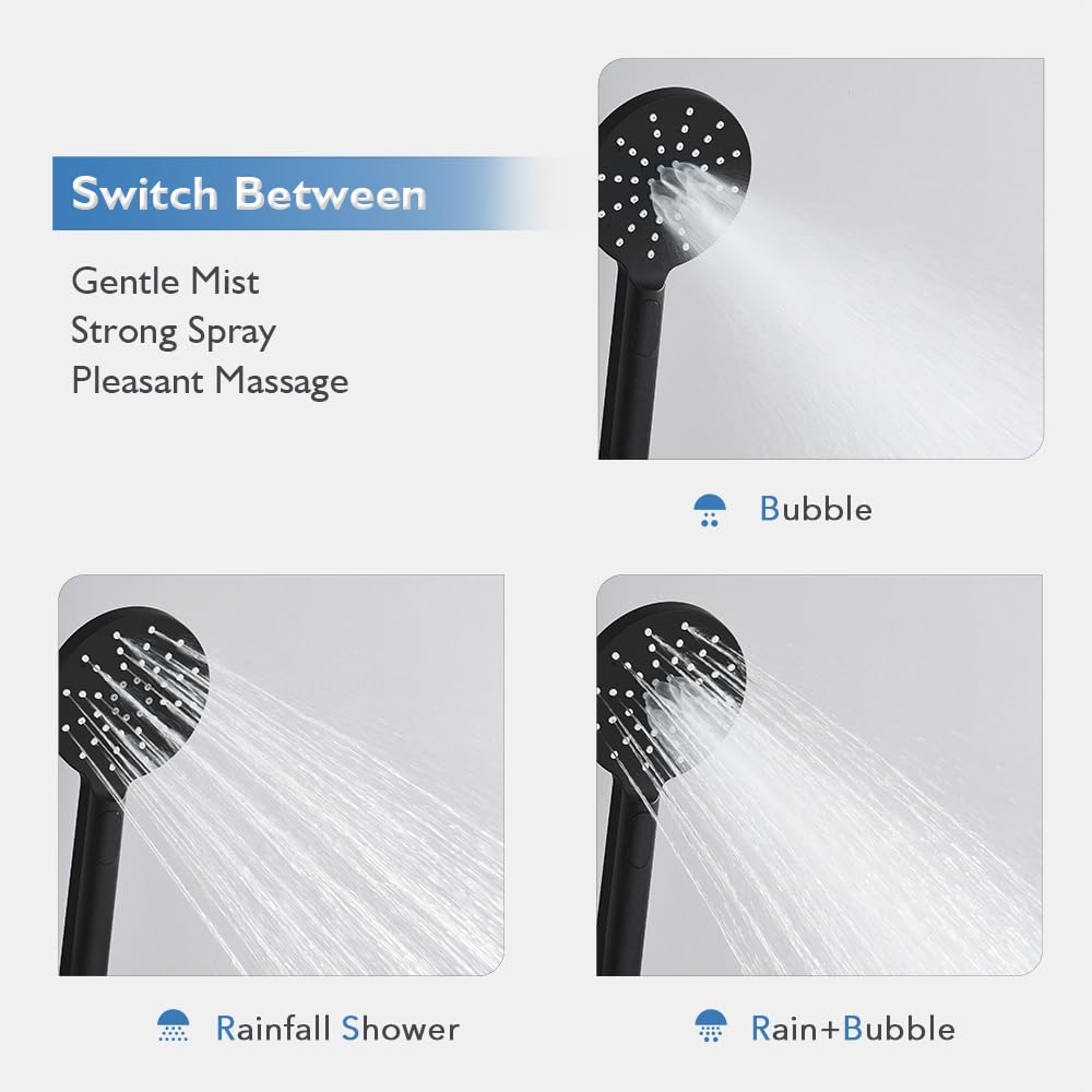 WELS Twin Hose Shower System 9" Rain Shower Head Set Sliding Rail 3-Mode Handheld Shower Head 2 in 1 Set (Round Head Black)