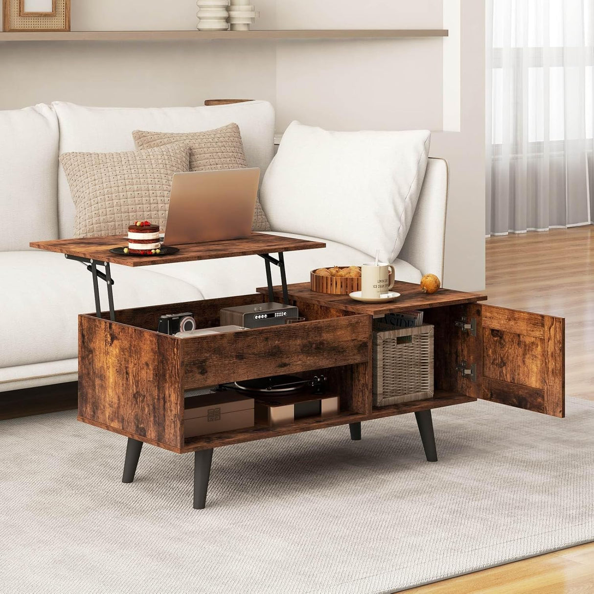 Lift Top Coffee Table with Storage, Living Room Table with Hidden Compartment, Cabinet & Open Shelf, Flip Top Center Table, Pull up Coffee Table for Home, Office