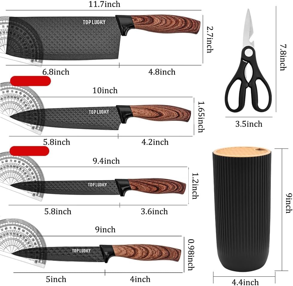 Kitchen Knife Set,6-Pieces Black Sharp Knife Set for Kitchen, Non-Stick Non-Slip Stainless Steel Chef Knife Set with Universal Knife Block Suitable for Home Restaurant (Wood Grain Black)