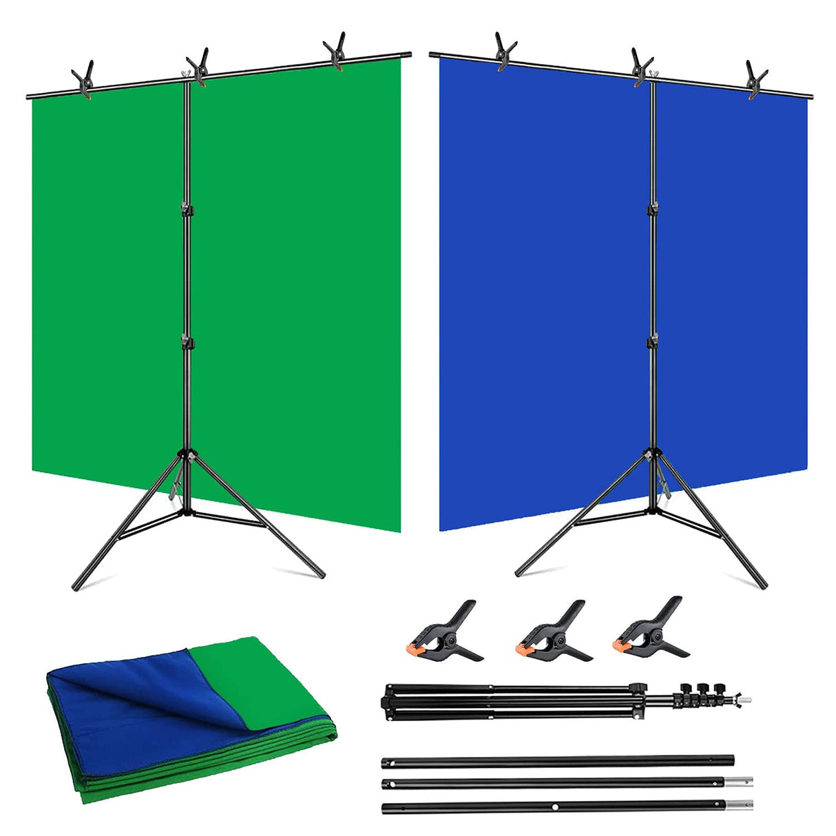 Green Screen Backdrop with Stand - Adjustable T-Shape Stand Kit with 6x9ft/1.8x2.8m 2-in-1 Chromakey Muslin Blue & Greenscreen Background Photo Photography Backdrop Kit for Photoshoot Video Recording