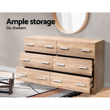 Chest of Drawers 6 Drawer Oak Tallboy, Dresser Clothes Storage Cabinet Organizer Lowboy Bedside Table Bedroom Furniture Home Living Room Hallway Entryway