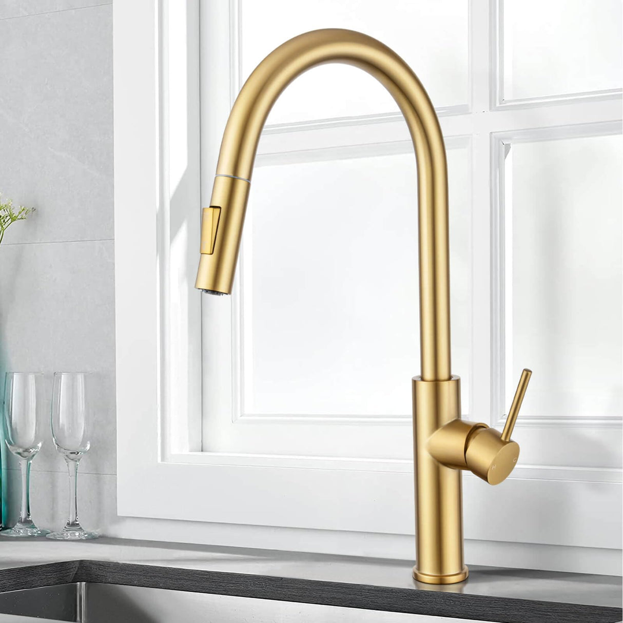 2 Mode Pull Out Kitchen Tap Swivel Gooseneck Laundry Sink Taps Faucet WELS Kitchen Mixer Tap(Brushed Yellow Gold)