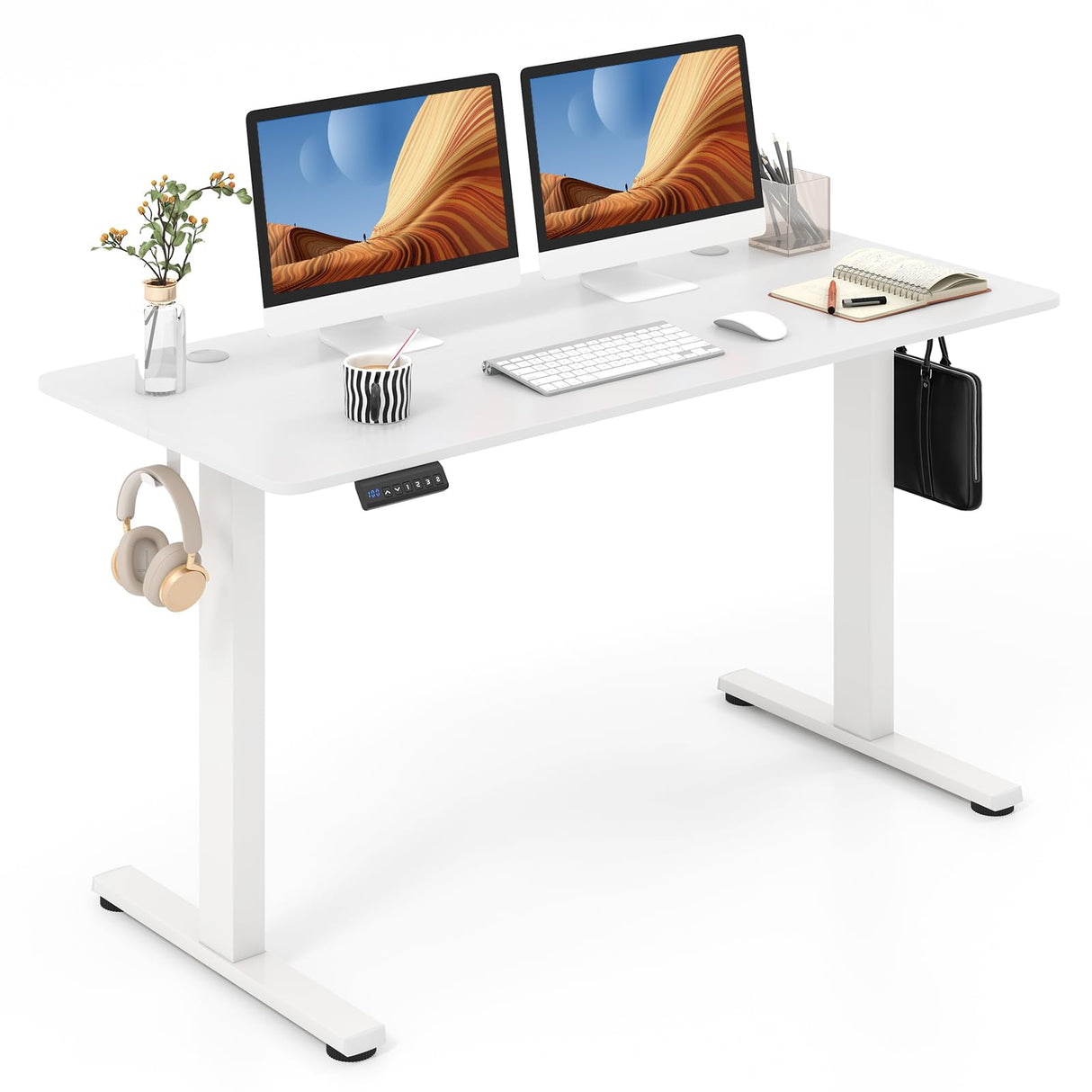 Electric Standing Desk, 140 x 60 cm Sit Stand Home Office Desk with 3 Memory Height Settings, Height Adjustable Computer Desk with 2 Hanging Hooks & Cable Management