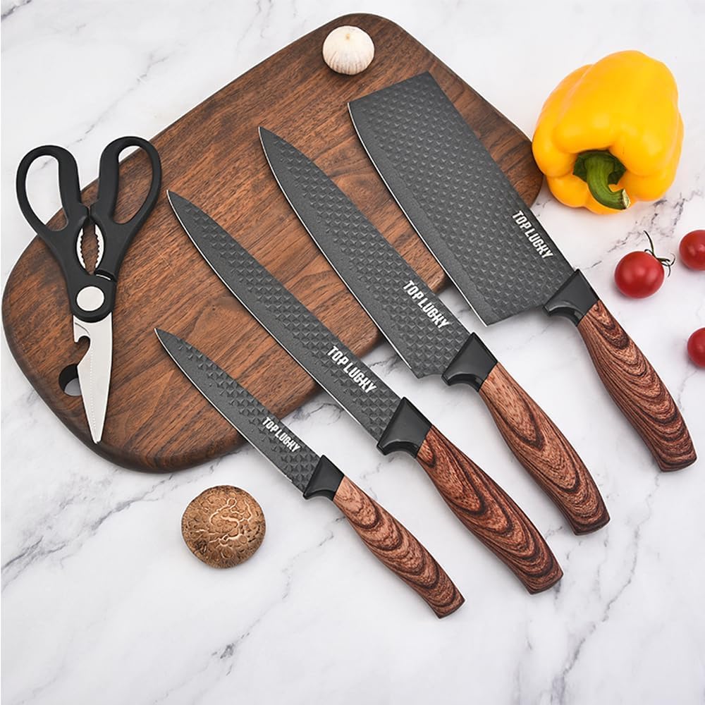 Kitchen Knife Set,6-Pieces Black Sharp Knife Set for Kitchen, Non-Stick Non-Slip Stainless Steel Chef Knife Set with Universal Knife Block Suitable for Home Restaurant (Wood Grain Black)