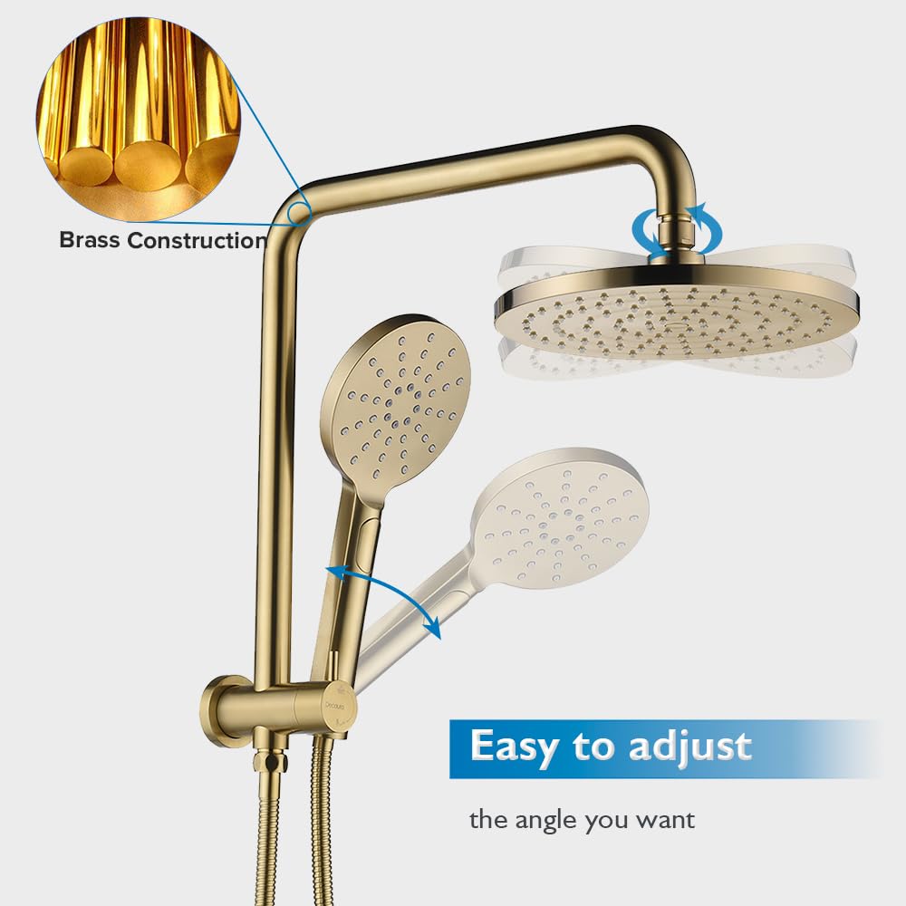 9" Rain Shower Head Set 2 in 1 Shower Rail Wall Mounted 3-Mode Handheld Spray Round Bathroom(Brushed Gold)