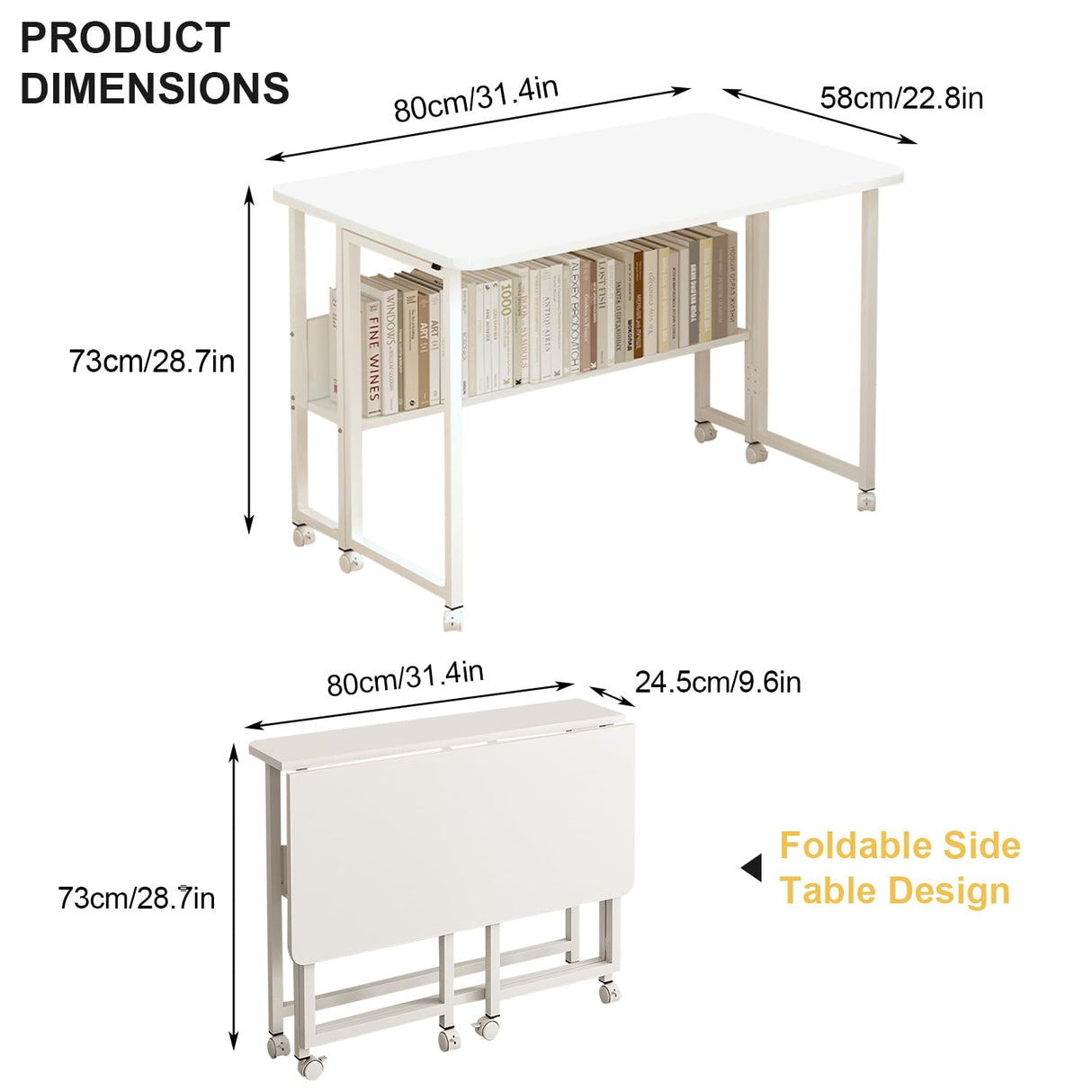 Mobile Computer Desk, Home Office Desk with Wheels for Computer Workstation, No Assembly Needed Foldable Small Study Writing Desk Gaming Table (with shelve, 80 x 58 x 75 CM)