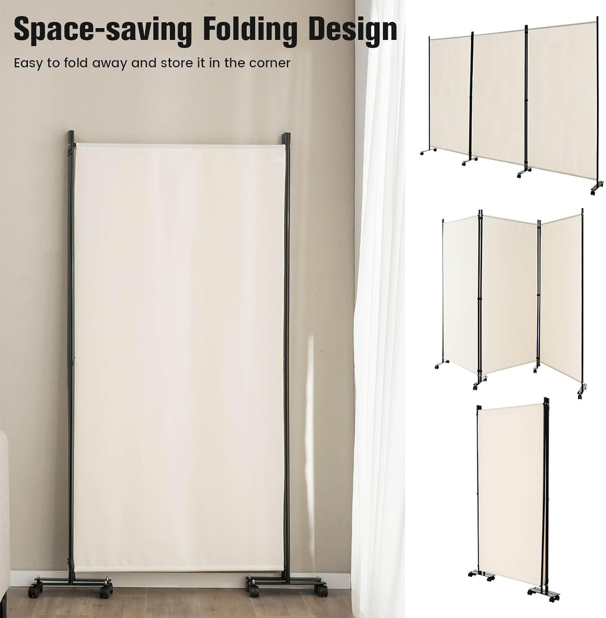 3 Panels Folding Privacy Screen, 180cm Tall Room Divider with Metal Frame & Wear-Resistant Fabric, Freestanding Partition Wall Divider with Rolling Wheels for Home, Office, Hospital