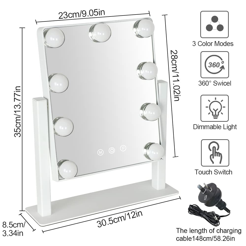 Makeup Mirror with Lights, Hollywood Light Mirror with 9 Dimmer Led Bulbs, Plug in Light-up Beauty Mirror, Touch Screen Lighted Table Set Mirror, 360°Rotation(White)