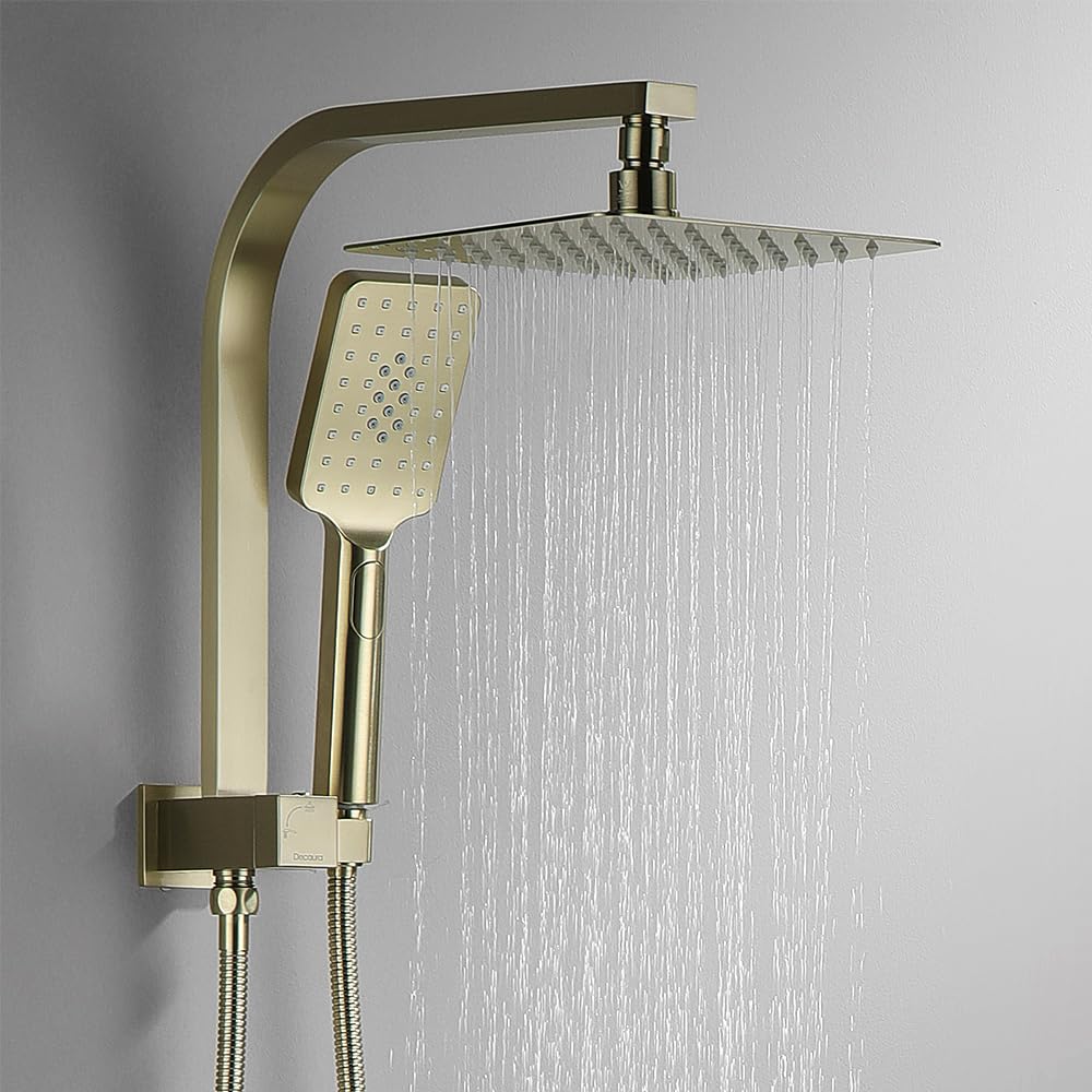 Twin Shower Head Rail Set Square Gooseneck Shower Arm 8" Rain Shower Head 3-Mode Handheld Brass 2 in 1 Diverter (Brushed Gold)